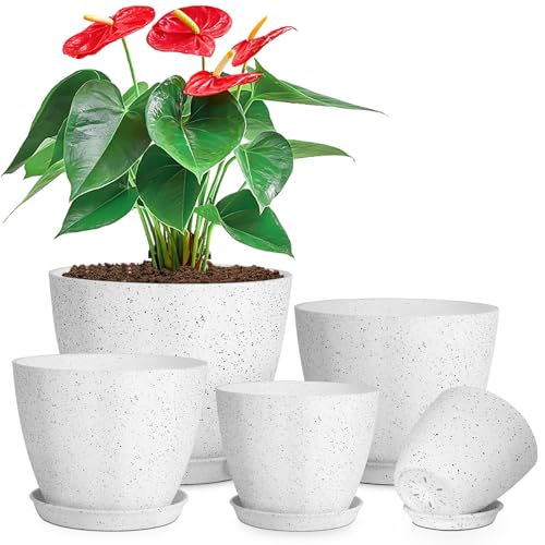 lokeisna 5 Pcs Plant pots, 7.5/6.5/5.7/4.9/4.1 inch Pots for Plants, Flower Pot Indoor Modern Decorative Plant Pot, Plant Pots Indoor with Drainage and Saucer for All House Plants, Spray Spots - color: White 5 Pcs
