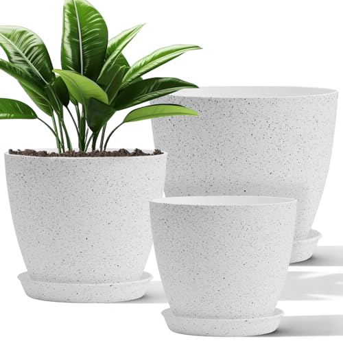 10/9/8 Inch 3 Pack Speckled White Plant Pots with Drainage Holes and Saucers, Indoor Outdoor Decor Planters for Succulents, Herbs and Houseplants - color: Speckled White
