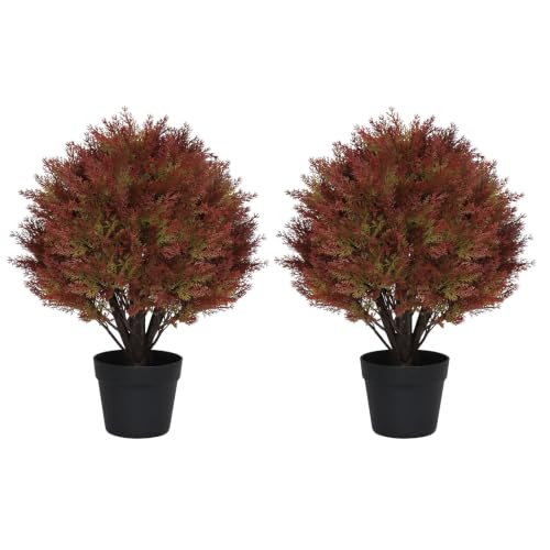 24" Fall Topiary Artificial Outdoor Plants, Faux Cedar Bushes & Shrubs - color: Red Green Mix Cypress