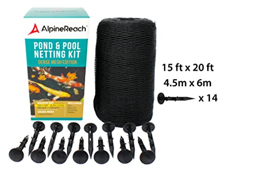 AlpineReach Koi Pond Netting Kit 15 x 20 ft Black Heavy Duty Woven Fine Mesh Net Cover for Leaves - Protects Koi Fish from Blue Heron Birds, Cats & Predators – Reusable & Stakes Included - color: Black, size: 15x20ft (Stakes Included)