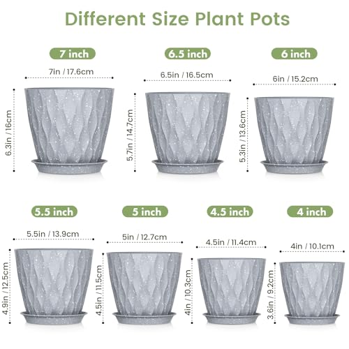Meowell 7/6.5/6/5.5/5/4.5/4 inch Plant Pots for Indoor Outdoor Plants, 7 Pack Thick Flower Pots with Drainage Holes and Saucers, Modern Wave Texture Plastic Planters Nursery Pots, Speckled Grey - color: Grey With White Speckles, size: 7+6.5+6+5.5+5+4.5+4