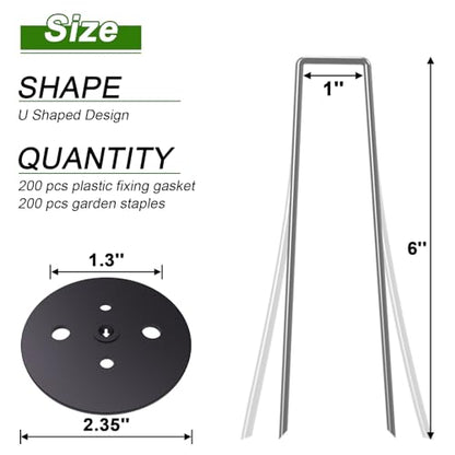 AAGUT Landscape Staples 6 Inch with Gaskets, Galvanized Garden Stakes - size: 6'' x 200Pcs-11Ga With Gaskets