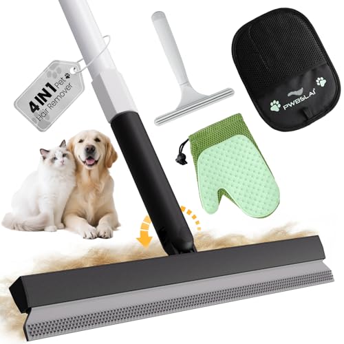Carpet Rake for Pet Hair Removal Tool - 4 in 1 Pet Hair Remover Kit for Dog Cat Fur Remover, Contain 60" Adjustable Rubber Broom, Glove, Magic Brush and Scraper for Furniture (Black) - color: Black
