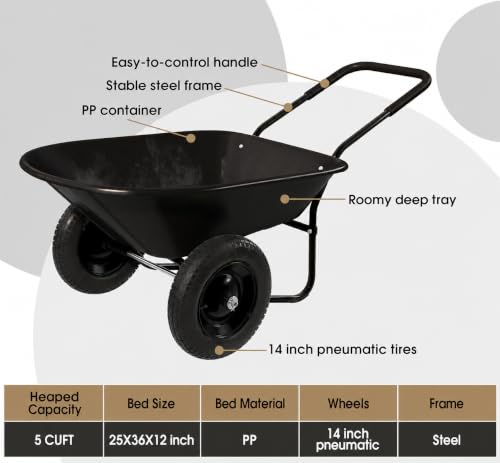 ARNOT Enlarged 2-Wheel Wheelbarrow, Easy Loading and Dumping Garden Cart, Heavy Duty Utility Dump Cart for Outdoor Lawn Yard Farm Ranch, Black - color: Black