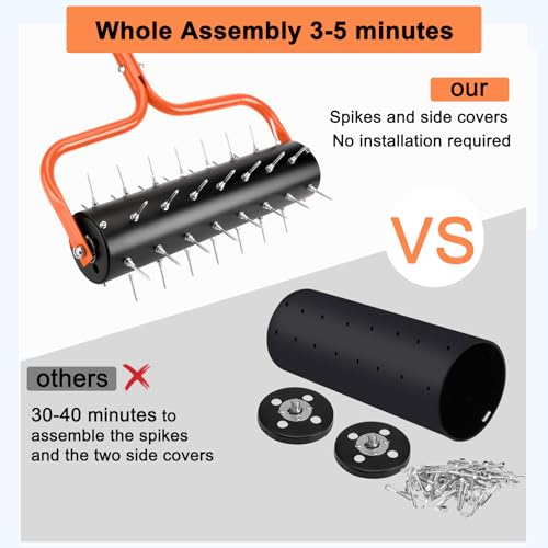 21" Rolling Lawn Aerator, 45 Preassembled Spikes, Only Needs 3-5 Minutes to Assemble, No Looseness, Good Package, 75" Long Handle with Quick Clip Connections, U-Shape Construction - Orange. - size: Orange
