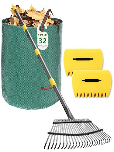 Garden Rake Set for Leaves Lawns, 3-in-1 Gardening Tools Kit with 25 Tines Wide Metal Rake, Leaf Scoops Hand Claws, 32 Gallon Reusable Yard Waste Bag, Heavy Duty 79" Rakes for Pick Up, Clear n Collect - size: 6 ft Rake, Claw, Bag