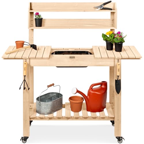 Best Choice Products Mobile Garden Potting Bench, Outdoor Wood Workstation Table w/Sliding Tabletop, 4 Locking Wheels, Food Grade Dry Sink, Storage Shelves- Natural - color: Natural