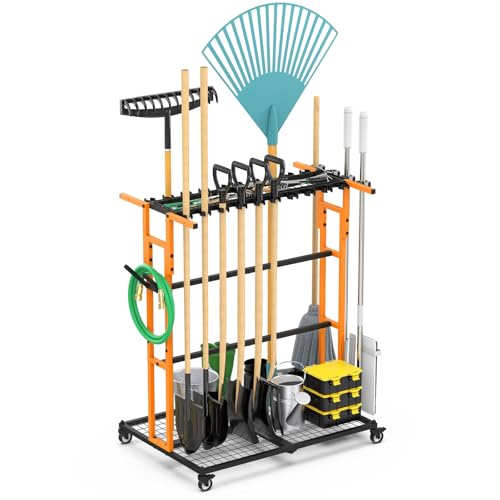 CCCEI Garage Organization with Wheels, Outdoor Gargen Yard Shed Tools Organizer Cart, Home Storage for Cleaning Supplies, Broom Holder, for Shovel and Rake, Long Farming and Farming Tools, Orange. - color: Orange