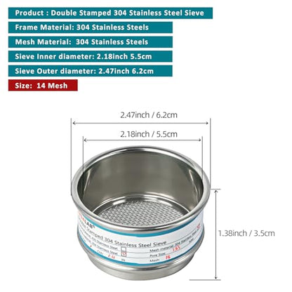 2.36" (6cm) Full 304 Stainless Steel Mini Lab Sieve, 14 Mesh(1.43mm) Sifter - size: 14 Mesh(1.43mm)/Ф2.4in(6CM)