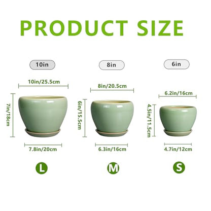 Ceramic Pots for Plants, 10/8/6 Inch Flower Pots Indoor, Green - color: Green