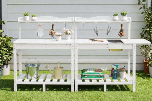 All-Weather HDPE Outdoor Potting Bench 2-Piece Set with Removable Sink, Expandable Gardening Work Station with Sliding Tabletop, Built-in Wheels, Heavy Duty Planting Table, White