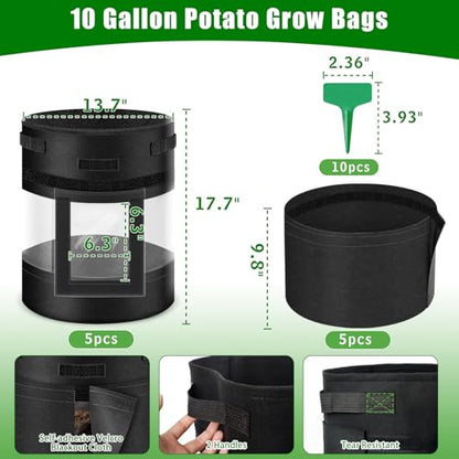 5 Pcs 10 Gallon Visible Potato Grow Bags with Shading Flap & Harvest Window