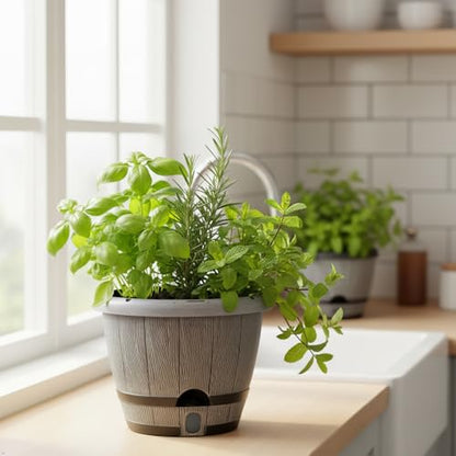 Sun-E 10" Self-Watering Whiskey Barrel Planter 3 Pack for Indoor Outdoor - color: White Wooden Grain