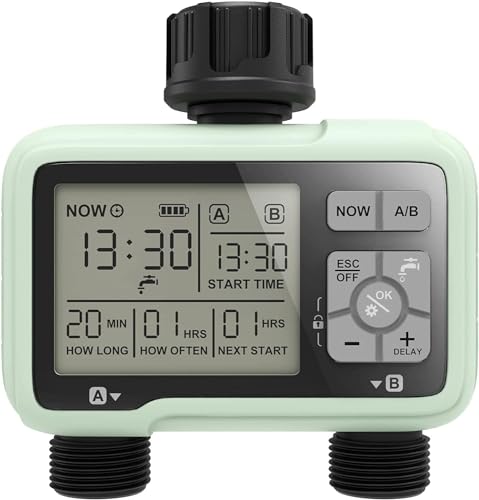 Programmable 2-Zone Hose Sprinkler, 2 Output Port Digital Garden Watering Device, Automatic Irrigation Controller with Rain Delay/Manual/Auto Mode, Outdoor Water Timer for Lawn and Yard