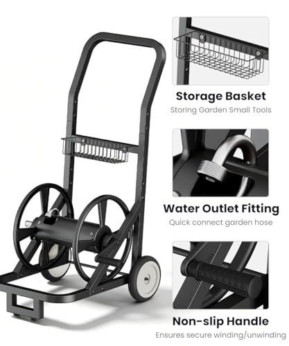 Artigarden Garden Hose Reel Cart with Wheels, Outdoor Water Hose Cart Black - color: Black, size: Holds 125 ft