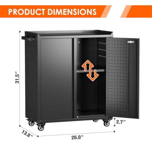 Aobabo Metal Storage Cabinet, 31.5" H x 26" W Rolling Tool Cart with Lock - color: Black, size: 13.8"D x 26"W x 31.5"H-0 Drawers