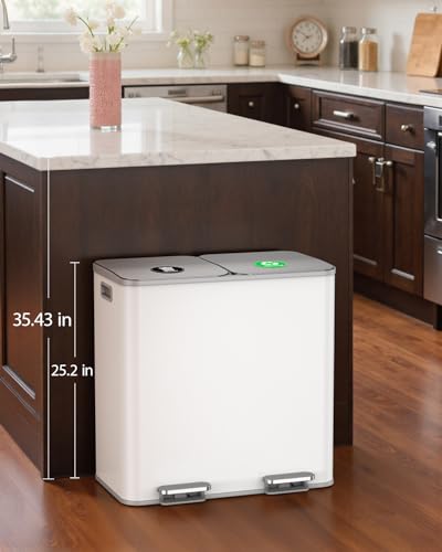 Lovewind Dual Trash and Recycling Bins for Kitchen, 2 * 11-Gallon Stainless Steel Double Trash Can, Step-On Garbage and Recycle Combo, Quiet Close, Pet-Proof, Compatible with 13-Gallon Bags, White - color: White, size: 2 x 11 Gallon