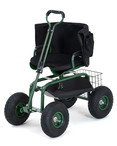 Garvee Heavy Duty Garden Cart, Garden Scooter Rolling Work Seat - color: Green With Back