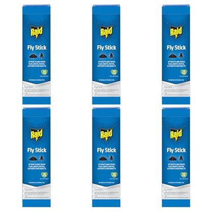 Raid Fly Stick Flying Insect Trap for Indoor/Outdoor Use, 6 Pack, Over 150 Insects Per Stick, Fly Sticky Trap for Flies, Gnats & Moths, Lasts Up to 3 Months, People & Pet Friendly, Hang or Place