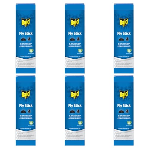Raid Fly Stick Flying Insect Trap for Indoor/Outdoor Use, 6 Pack, Over 150 Insects Per Stick, Fly Sticky Trap for Flies, Gnats & Moths, Lasts Up to 3 Months, People & Pet Friendly, Hang or Place