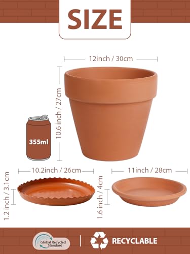 INGOFIN 12 Inch Terracotta Pot Set of 2 with Saucer - Ceramic Clay Pot for Plants with Drainage Hole, Large Terra Cotta Flower Planter with Tray for Indoor Outdoor Plants - size: 12/12 inch -2 pcs