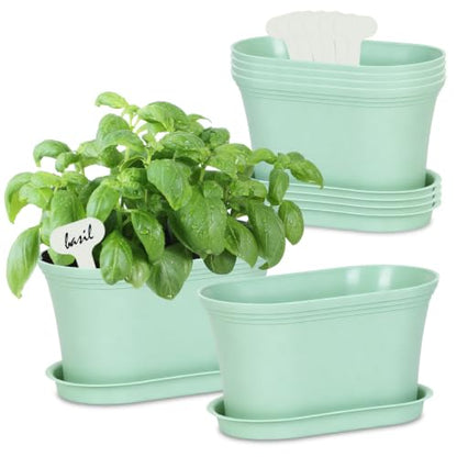 Oliz Set of 6 Windowsill Herb Garden Planters Green w/ Drain Trays - color: Green