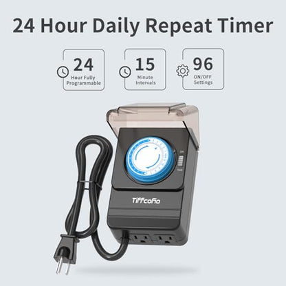 TiFFCOFiO Outdoor Heavy Duty Mechanical Timer Outlet Waterproof, 15 Minutes Intervals, 24 Hour Outdoor Pool Pump Timer with 2FT Cord, 2 Grounded Outlets for Outdoor Lights, 15A/1875W