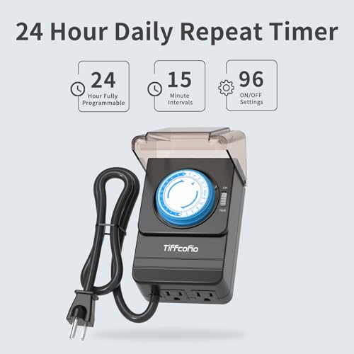 TiFFCOFiO Outdoor Heavy Duty Mechanical Timer Outlet Waterproof, 15 Minutes Intervals, 24 Hour Outdoor Pool Pump Timer with 2FT Cord, 2 Grounded Outlets for Outdoor Lights, 15A/1875W