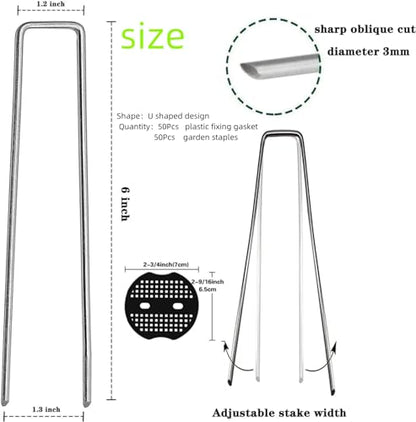 50Pcs Garden Stakes Staples + 50Pcs Gasket, 6 Inch Lawn Landscape Staples 11 Gauge U Shaped Galvanized Landscape Pins, Heavy Duty Yard Ground Pin for Weed Barrier Sod Fabric Decorations