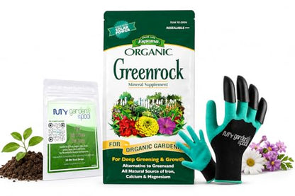 Espoma Organic Greenrock All-Natural Mineral Supplement and Fertilizer for Organic Gardening. for Flowers, Vegetables 7 LBS with My Garden Pool PH Soil Test Strips 20 ct, and Gardening Claw Gloves