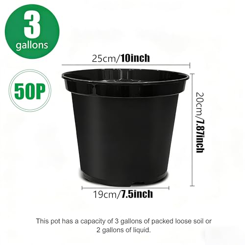 RooTrimmer 3 Gallon Plastic Nursery Pots 50 Pack, 10 Inch Round Plant Pots with Drainage Holes, Planting Pot for Outdoor Indoor Plants - size: 3Gallon-50P-Black