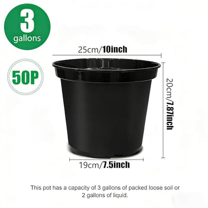 RooTrimmer 3 Gallon Plastic Nursery Pots 50 Pack, 10 Inch Round Plant Pots with Drainage Holes, Planting Pot for Outdoor Indoor Plants - size: 3Gallon-50P-Black