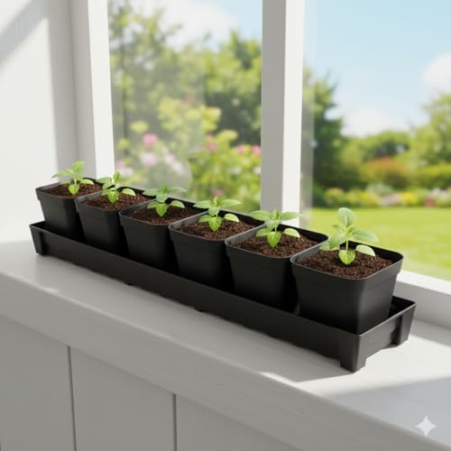 RooTrimmer 5 Pack Plastic Plant Saucer (17"x3"x1.5"), Rectangular Window Sill Plant Pot Trays with Removable Drainage Hole, Thick Windowsill Saucer Tray for 2.8 inch (7CM) Flower Nursery Pots (Black) - size: Trays (17"x3"x1.5") for 2.8 Inch Pots-5 Pack
