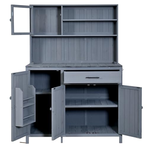 Merax Outdoor Garden Potting Bench with Hutch, 65" H Solid Fir Wood Patio Garden Workstation Tabl with Large Countertop, Adjustable Shelves, Door Rack, Side Hook and Drawer, Gray - color: Gray