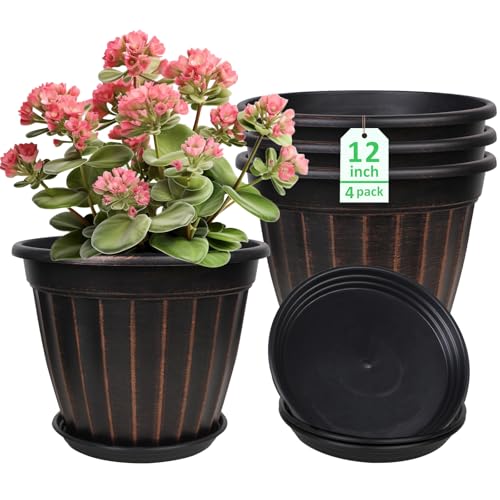 12 Inch Pots for Plants,4 Pack Tall Planter,Large Flower Pot Outdoor - color: Black, size: 12 inch-4 pack