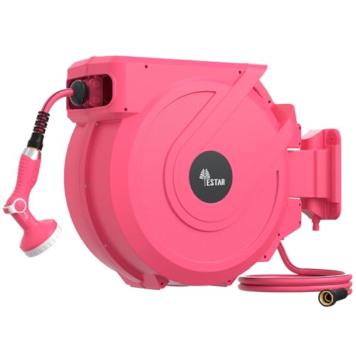 Retractable Garden Hose Reel 5/8 in x100 ft， Wall Mounted Hose Reel - color: Pink, size: 5/8"x100 ft