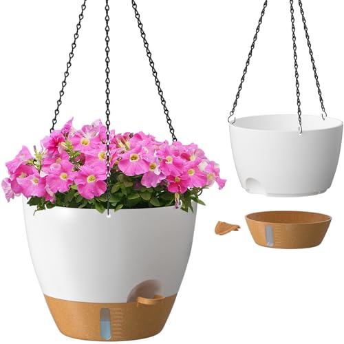 ZMTECH 12 Inch Hanging Planters for Indoor Outdoor Plants, 2 Pack Self Watering Hanging Plant Pots with Drainage Hole, Visual Reservoir, Plastic Flower Hanging Pots with Watering Lip (White) - color: White, size: 12 Inch - 2 pack