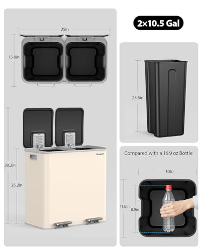 Lovewind Trash Can, 2 x 10.5 Gallon (2 x 40 L) Garbage Can for Kitchen Dual Compartment Recycling Kitchen Step Trash Bin, Stainless Steel Trash and Recycle Bin Combo with Soft-Close Lid, Apricot - color: Apricot