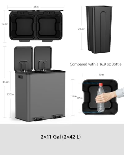 Lovewind Dual Trash and Recycling Bins for Kitchen, 2 * 11-Gallon Stainless Steel Double Trash Can, Step-On Garbage and Recycle Combo, Quiet Close, Pet-Proof, Compatible with 13-Gallon Bags, Grey - color: Gray, size: 2 x 11 Gallon