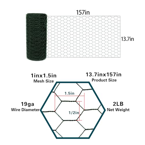 Black 19GA Chicken Wire 13.7inx157in, Chicken Wire Fencing, Chicken Fence, PVC Coated Chicken Wire, PVC Coated Wire Mesh for Animal/Rabbit/Floral/Chicken Coop/DIY Projects. - color: Green, size: 13.7inx157in