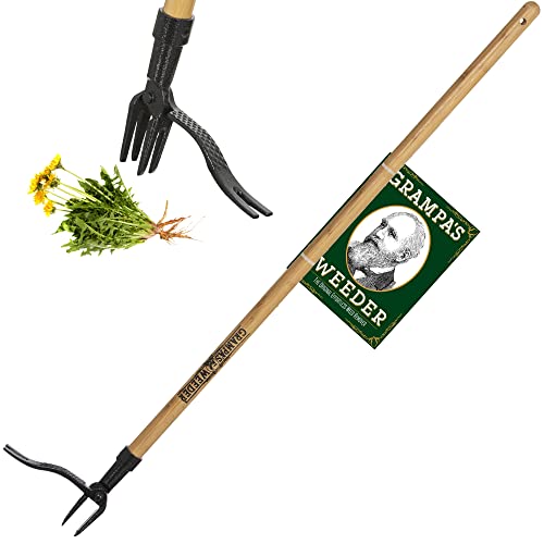Grampa's Weeder & Garden Knife Bundle - Original Stand Up Weed Puller with Bamboo Handle & 4-Claw Steel Head + Versatile 7" Hori Hori Knife with Serrated & Straight Blade for Weeding, Digging, and Pla