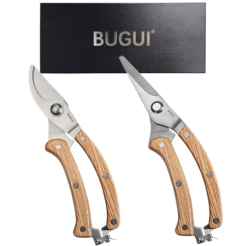 BUGUI 8” Wood Handle Garden Scissors, Set of 2, Includes Bypass Pruning Shears and Long Straight Tip Clippers, Premium Gardening Tools with Precision-Ground SK-5 Steel Blade - style: 8"WoodHandleShearsSet(E023)