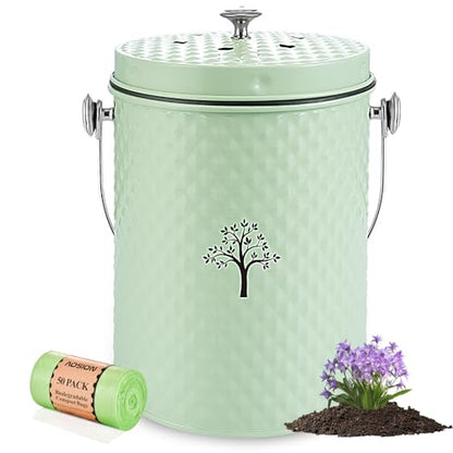 AOSION Countertop Compost Bin, Odor-Free Food Waste Container with 50 Bags - color: Green