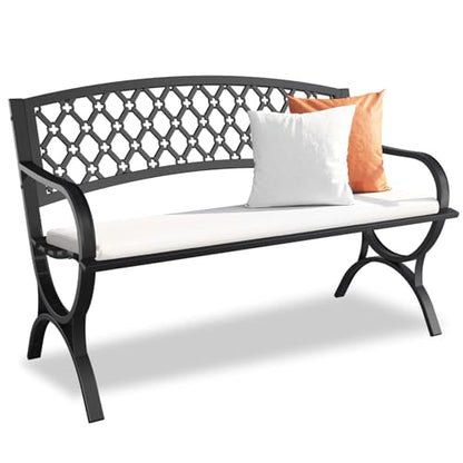 Outdoor Bench Garden Benchs, Weatherproof Anti-Rust Heavy-Duty Outside Bench Clearance, Wrought Iron Metal Bench for Front Porch, Patio, Park, Ergonomic Backrest, Slatted Seat - style: Quadrilateral