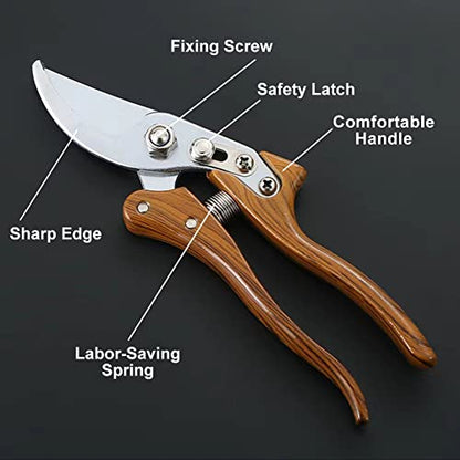 Pruning Shears, High Carbon Steel Heavy Duty Anti-Slip Garden Shears - color: Wood Grain