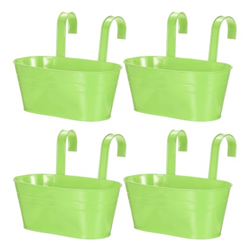 uxcell Rail Planter for Outdoor Plants, 4 Pcs 11" Iron Wall Hanging Planters Fence Railing Balcony Planters with Drainage Holes and Detachable Hooks, Light Green - color: Light Green