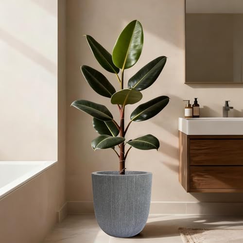 14.8"H Tall Tapered Ribbed Large Plastic Planter w/ Drainage Hole & Plug - color: Mediterranean Gray., size: 14.8in