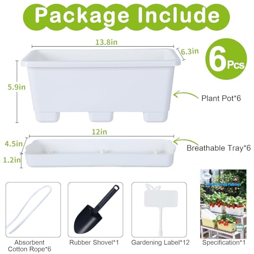 Oliz Window Box Planter 6 Packs, 13.8 Inches Rectangle Flower Pots with Drainage Holes & Trays, Pots for Vegetables, Herbs, Flowers, Garden Windowsill Balcony (White) - color: White