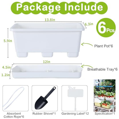 Oliz Window Box Planter 6 Packs, 13.8 Inches Rectangle Flower Pots with Drainage Holes & Trays, Pots for Vegetables, Herbs, Flowers, Garden Windowsill Balcony (White) - color: White