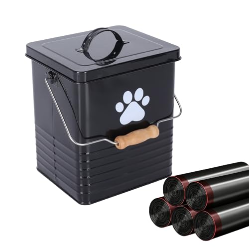1.85Gal/7L Small Outdoor Trash Can with Lid, Metal Dog Poop Trash Can Outside, Dog Waste Container Bucket Handle(75 Trash Bags Included)-Black
